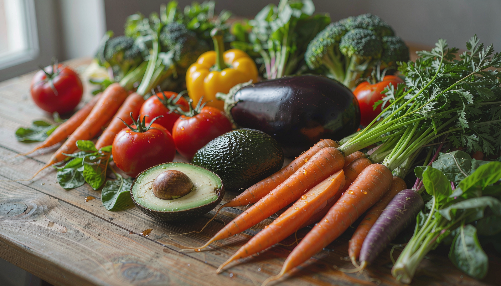 Frutas e verduras frescas com diferentes cores e formatos