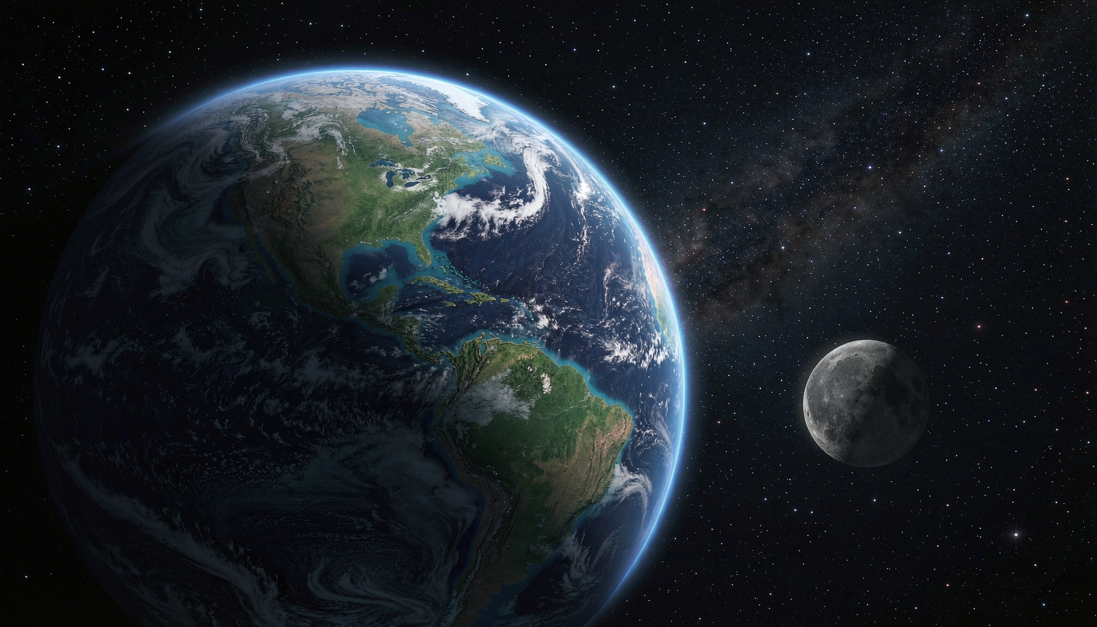 Planeta Terra visto do espaço com a Lua ao fundo