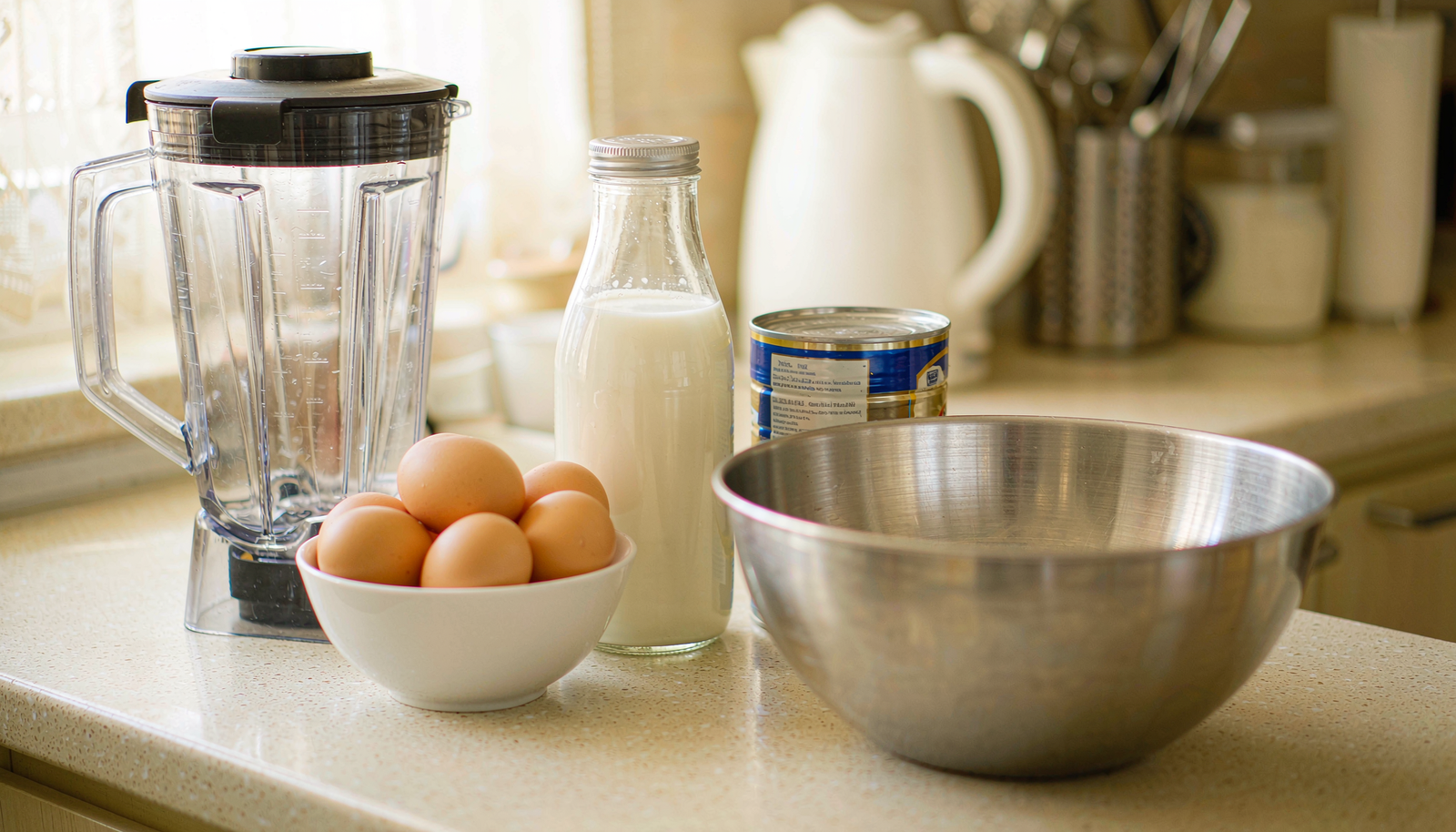 Ingredientes separados para preparar pudim de leite condensado caseiro.