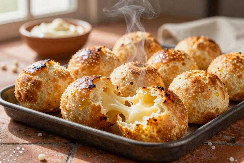 Pães de queijo assados e dourados com interior macio