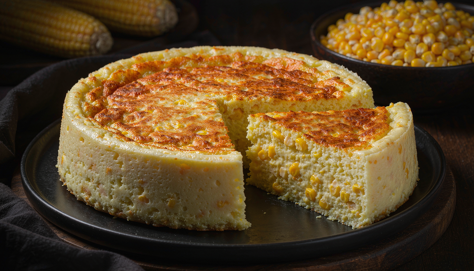 Bolo de milho assado com interior macio e cremoso.