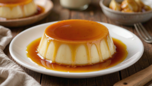 Pudim de leite condensado cremoso com calda de caramelo.