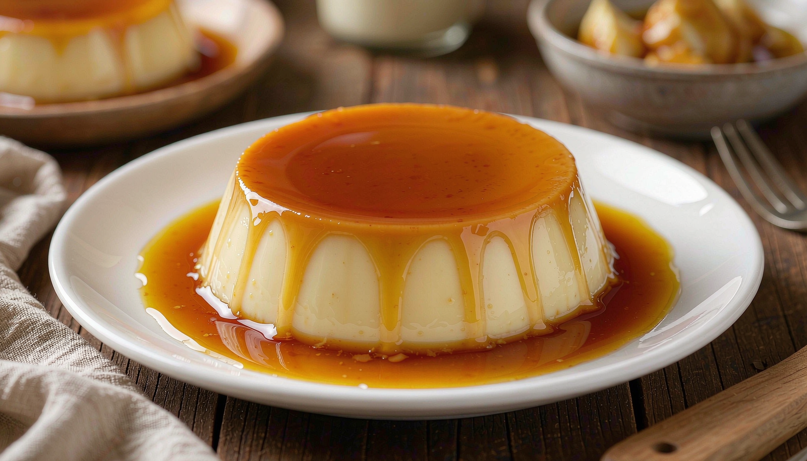 Pudim de leite condensado cremoso com calda de caramelo.