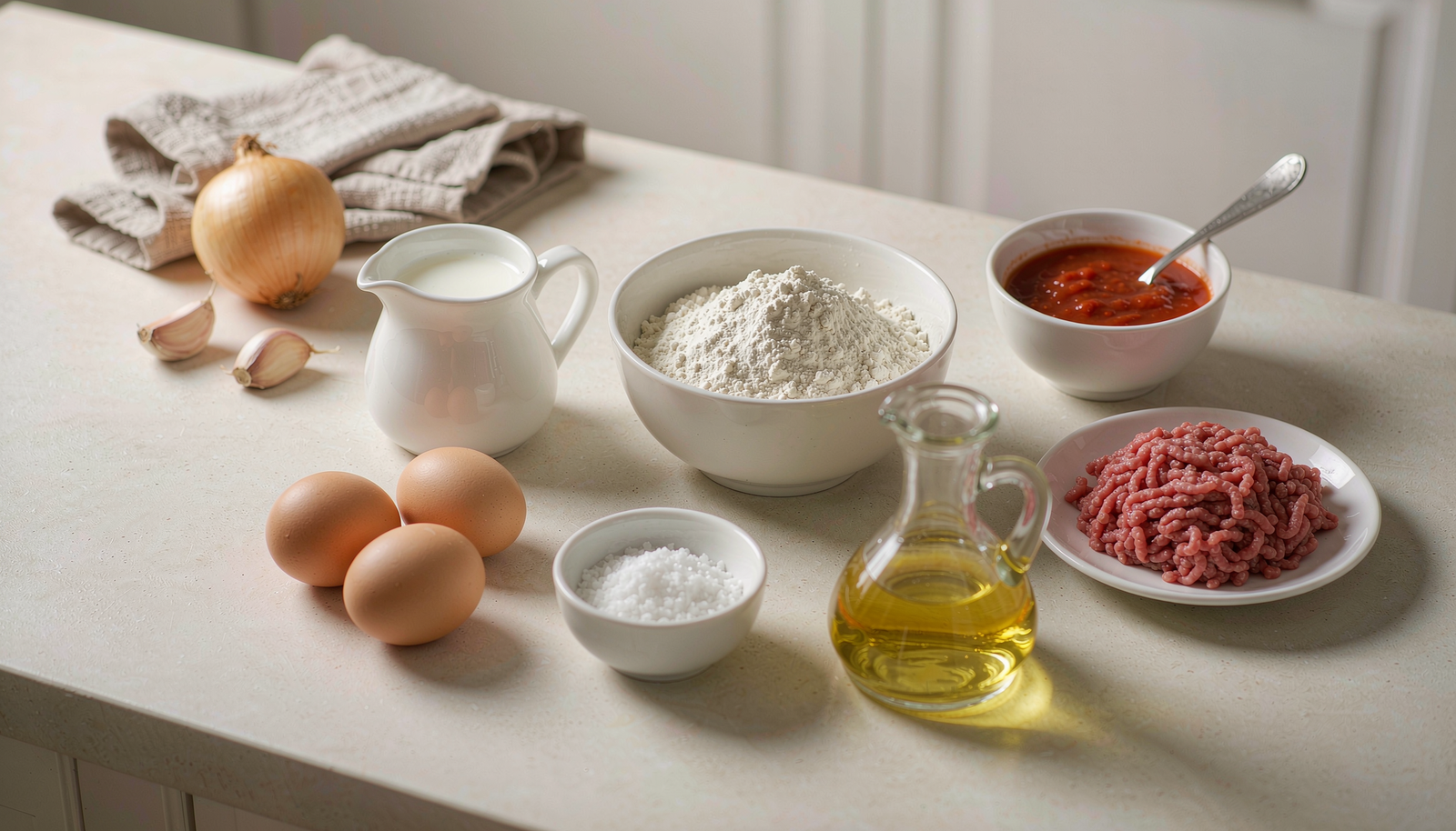  Ingredientes separados para preparar panqueca simples de carne moída.