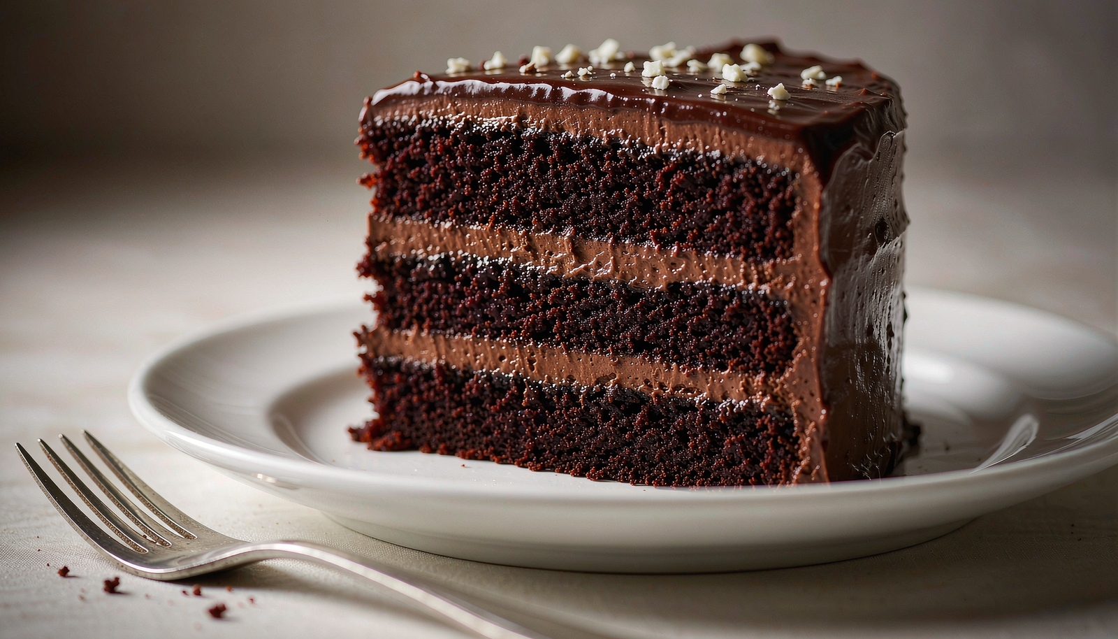 Fatia de bolo de chocolate fofinho com cobertura