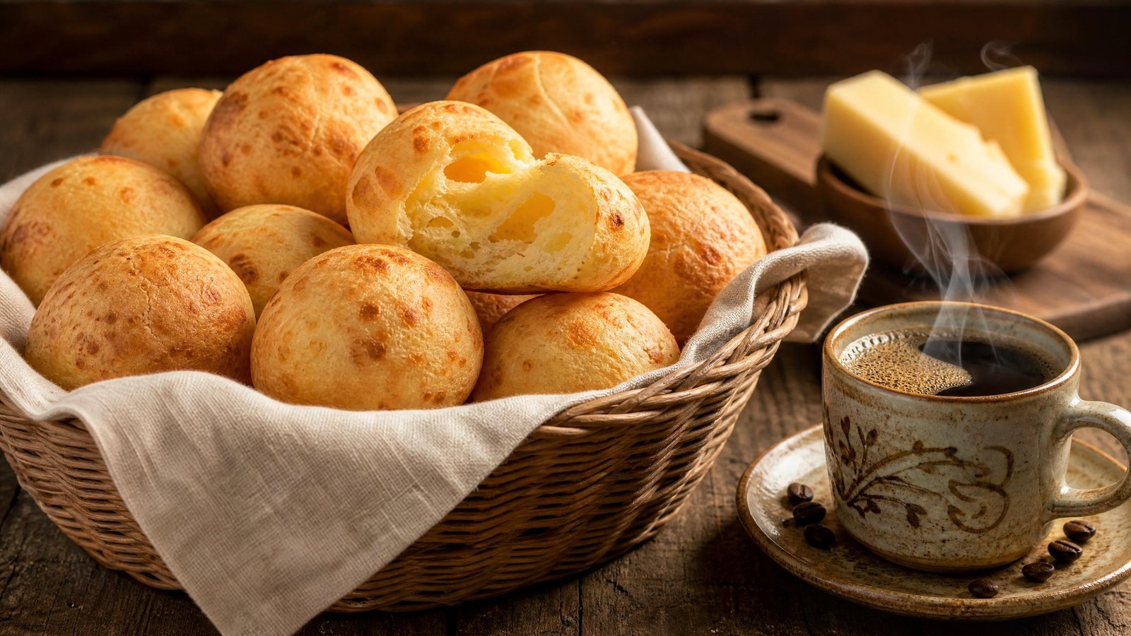 Pão de queijo fácil e caseiro dourado servido em uma cesta