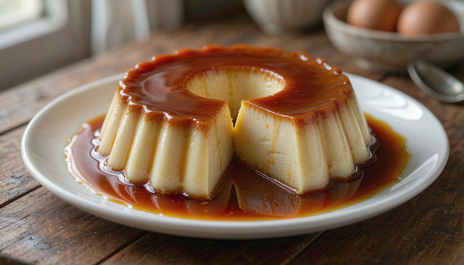 Pudim de leite condensado caseiro desenformado com calda de caramelo.