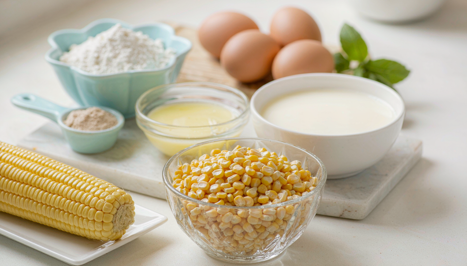 Ingredientes organizados para preparar bolo de milho cremoso.