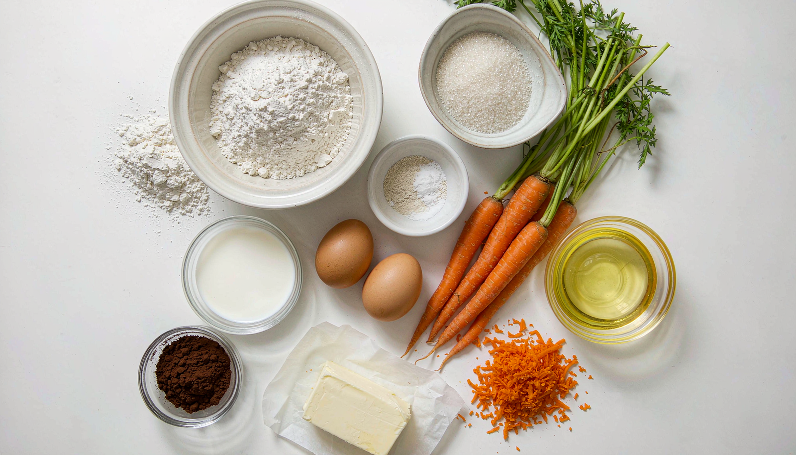 Ingredientes para preparar bolo de cenoura com cobertura de chocolate