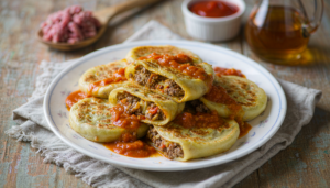 Panqueca simples recheada com carne moída e molho de tomate