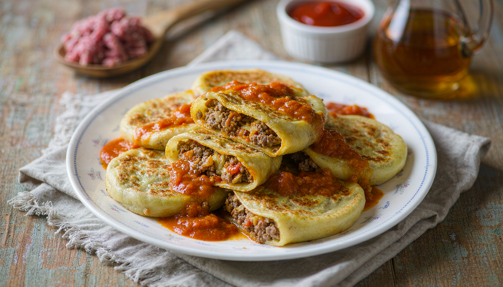 Panqueca simples recheada com carne moída e molho de tomate